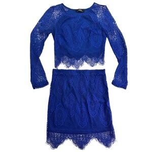 LuLu's Blue Lace Two Piece Set Long Sleeve Crop Top‎ Mini Skirt Women's Small
